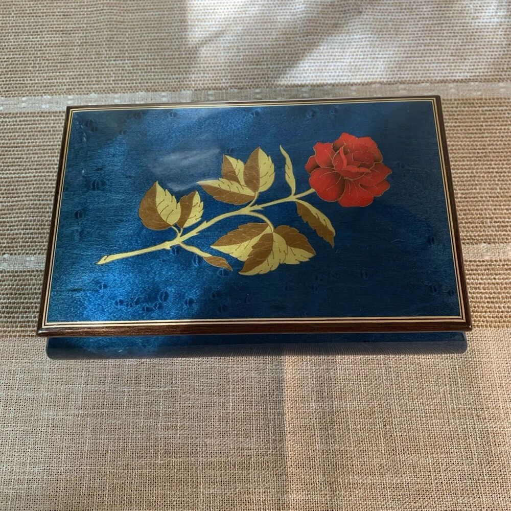 Vintage Swiss Reuge Wooden Hinged Jewelry Box Footed Italy The Blue Danube 496